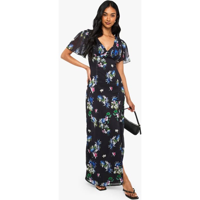 boohoo Dames Floraal Engelmouw Chiffon Diepe V-hals Maxi-jurk | Black | Maat: 8