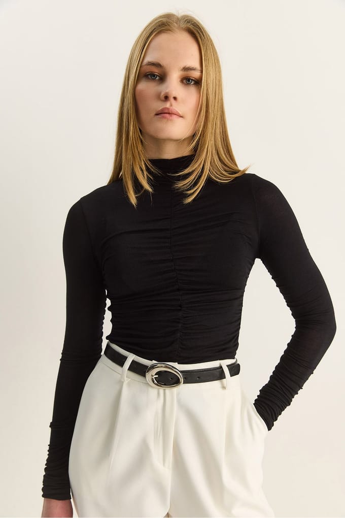 Slim Fit Halflange Colblouse met Drapé Detail