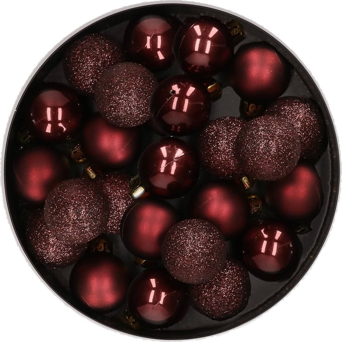 Decoris Kerstballen - 28 ST - mini - mahonie bruin - kunststof - 3 cm - glans/mat/glitter