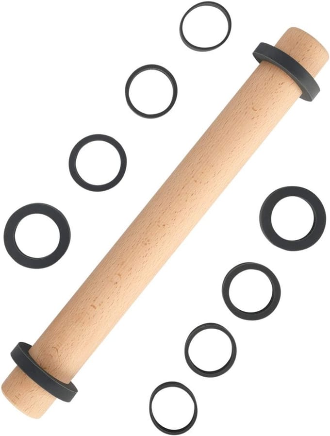Famanu – Beukenhouten deegroller met 5 ringen – verstelbare bakroller voor koekjes, taart en pizza – 35 cm