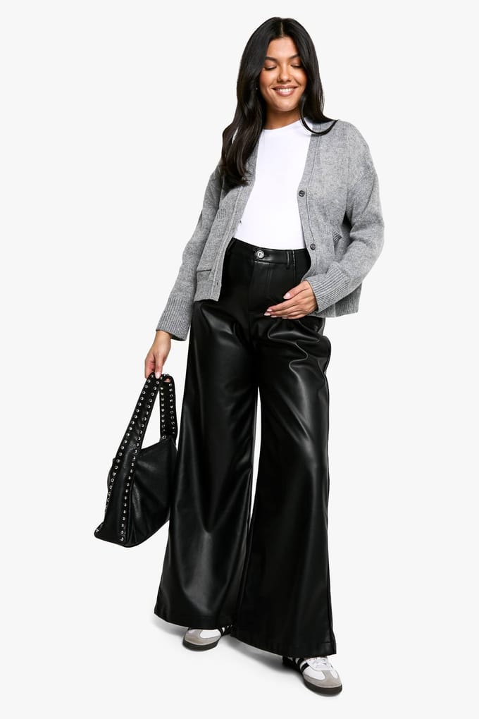 boohoo Dames Maternity Over Bump PU Wijde Pijp Broek | Zwart | Maat: 44