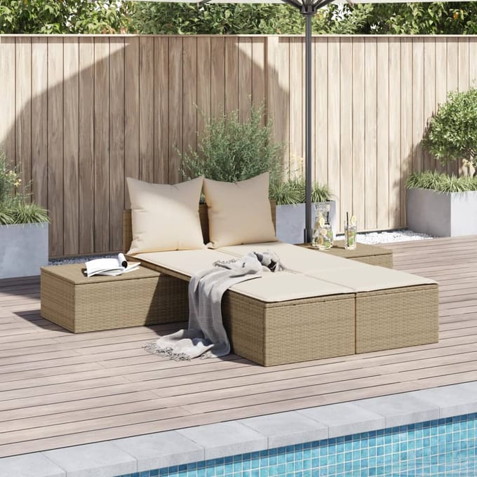 vidaXL - Ligbed - 2-persoons - met - kussens - poly - rattan - beige