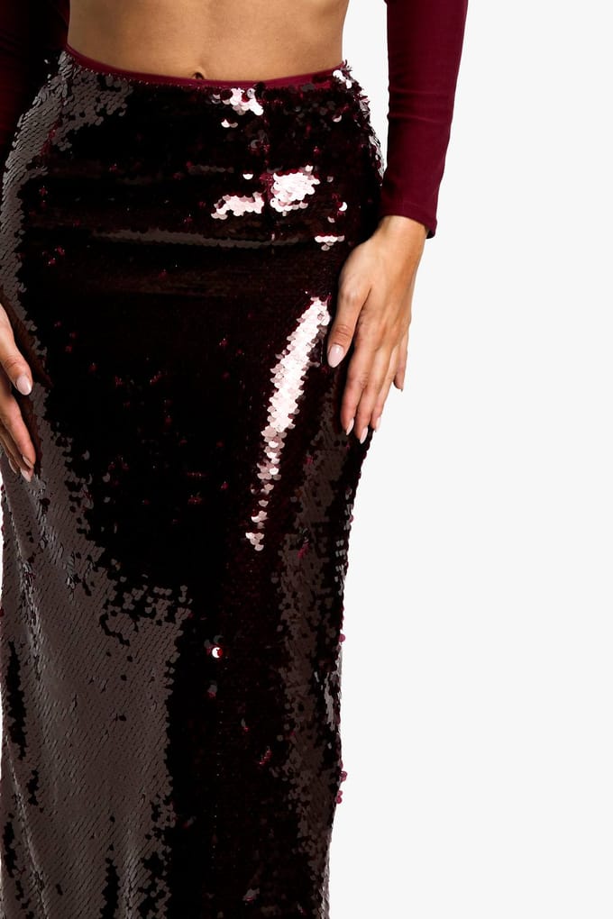 boohoo Dames Premium Paillette Maxi Rok | Berry | Maat: 10