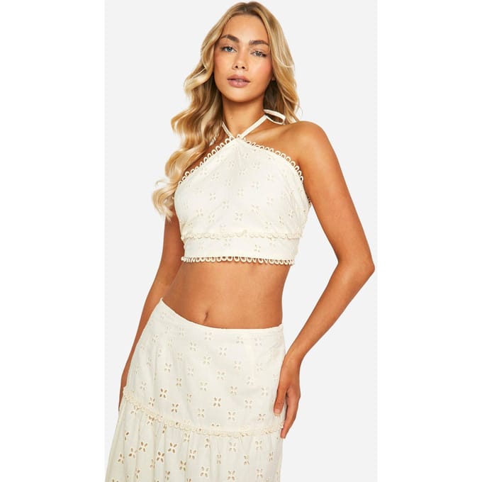 boohoo Dames Broderie Tie Back Crop Top | Steen | Maat: 42