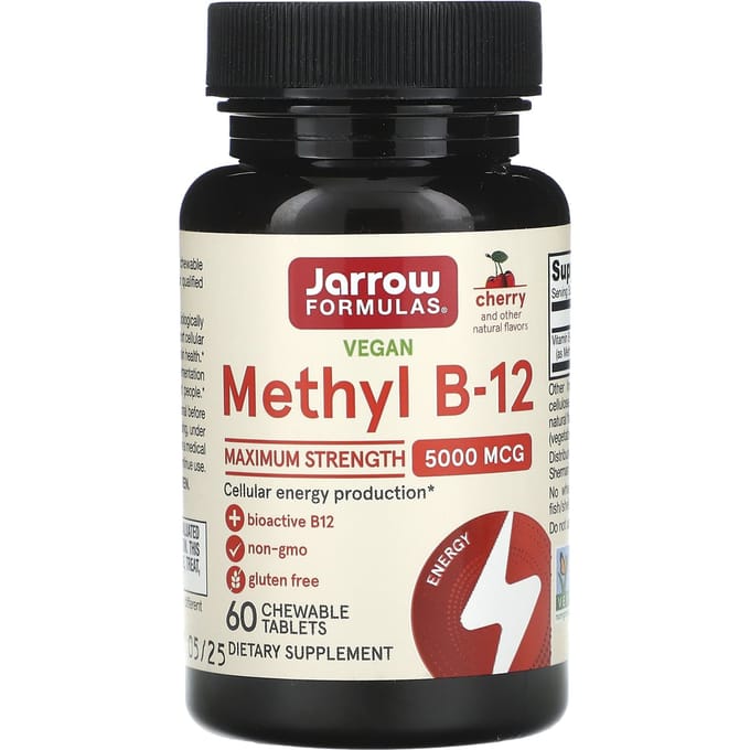 Jarrow Formulas, Vegan Methyl B-12, Maximale Sterkte, Kers, 5.000 mcg, 60 Kauwtabletten