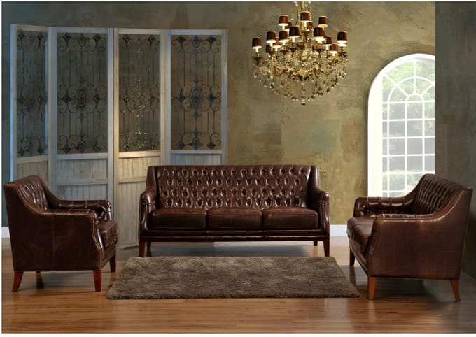 Vente-unique Driezits-, tweezitsbank en fauteuil van leer COLBERT - Bruin