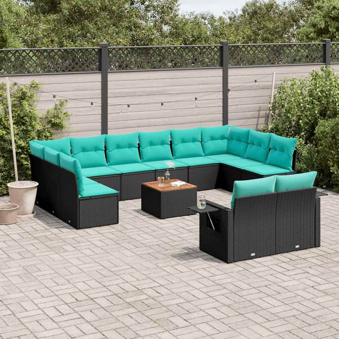 vidaXL - 13-delige - tuinbankset - met - kussens - van - zwart - polyrotan
