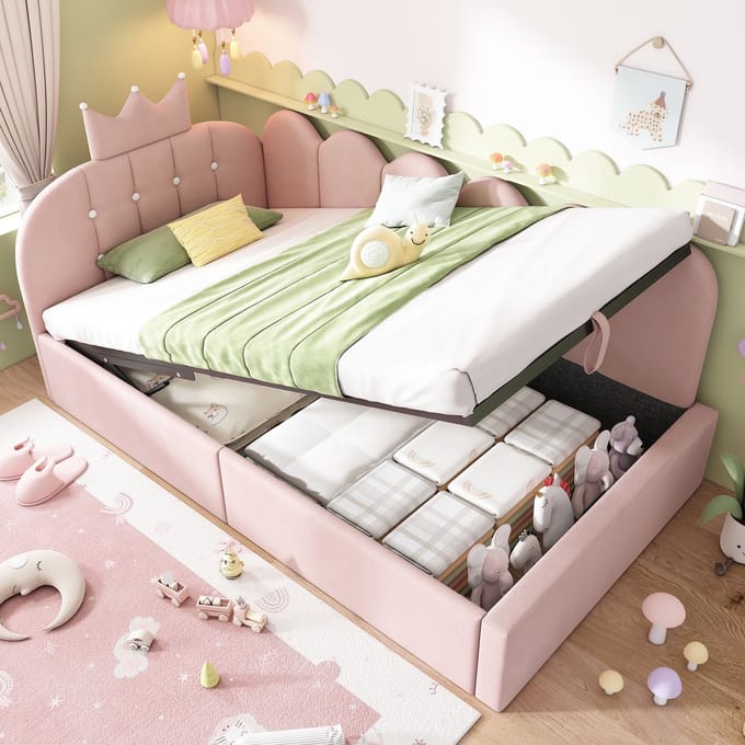 Sweiko Kinderbed - 90 x 190 cm - Opbergruimte - Velvet - Kroonvorm - Roze
