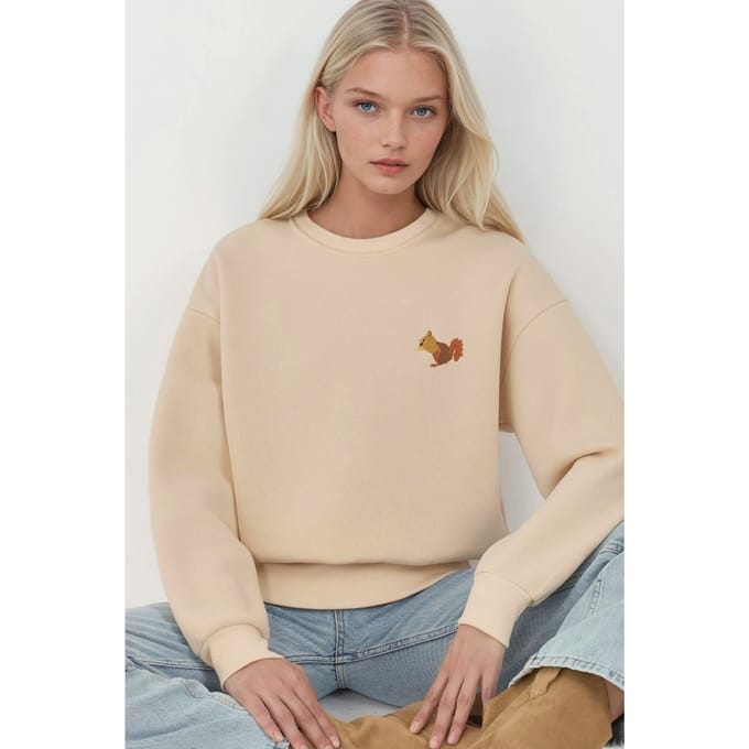 Comfort Dierenpatroon Geborduurde Verhoogde Ronde Hals Sweatshirt