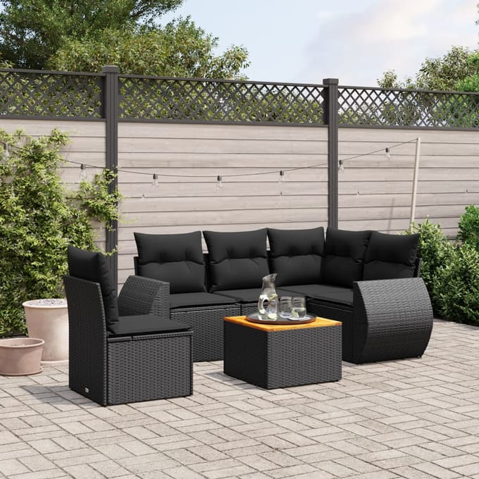vidaXL - 6-delige - Loungeset - met - kussens - poly - rattan - zwart