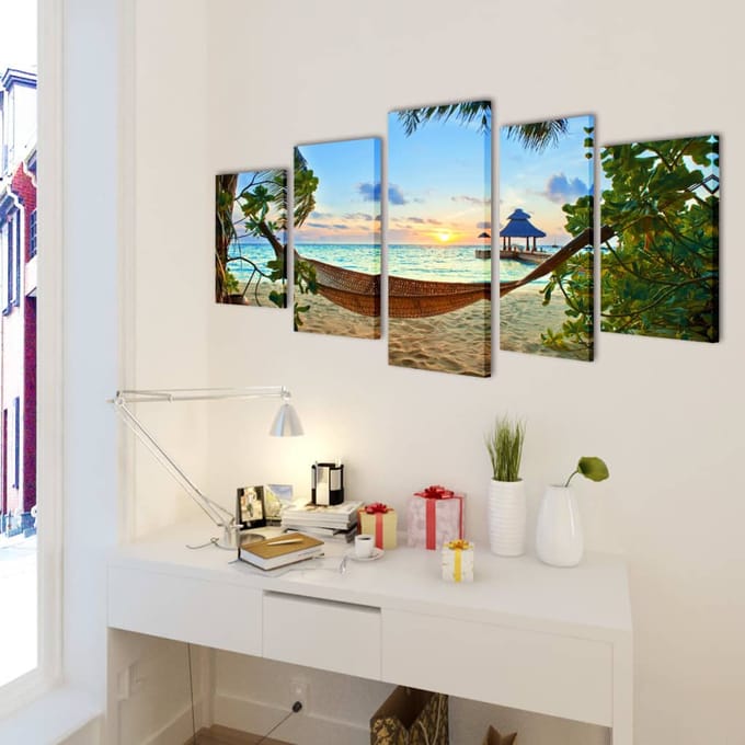 vidaXL - Canvas - muurdruk - set - zandstrand - met - hangmat - 200 - x - 100 - cm