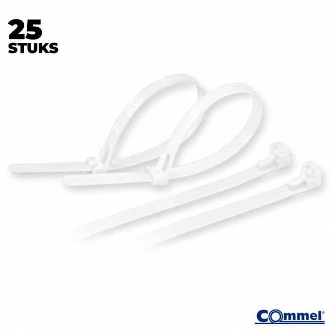 25x Commel Hersluitbaar / Herbruikbaar Kabelbinders - 300 x 7.5 mm - Wit - Nylon - Treksterkte 22kg