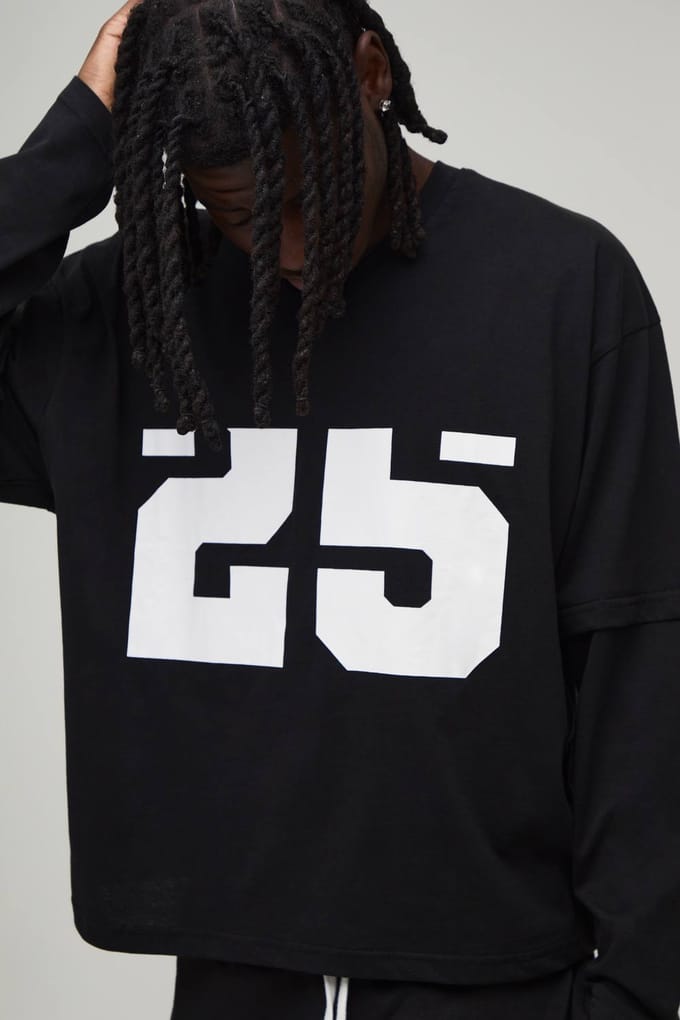 Oversized Boxy Faux Layer V Neck T-Shirt And Short Set | Black | Size Medium