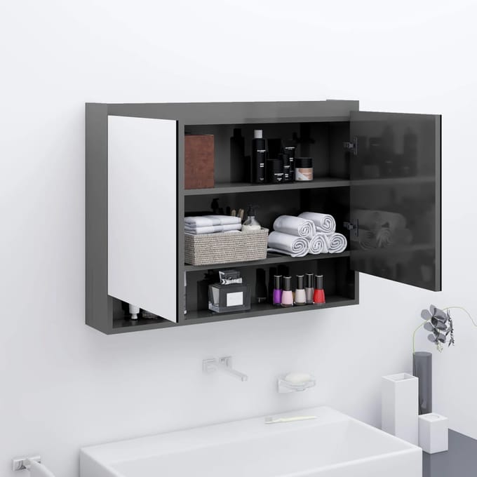 vidaXL - Badkamerkast - met - spiegel - 80x15x60 - cm - MDF - glanzend - grijs