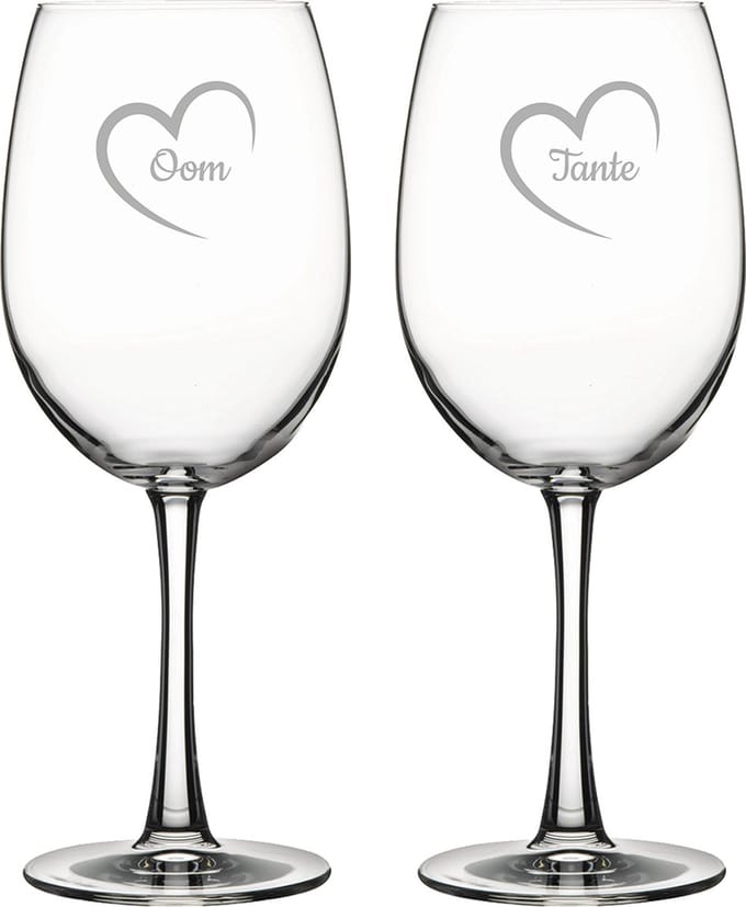 Gegraveerde Rode wijnglas 46cl Tante met hartje & Oom met hartje