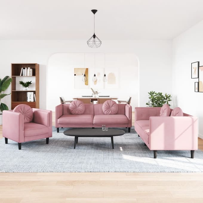 vidaXL - 3-delige - Loungeset - met - kussens - fluweel - roze