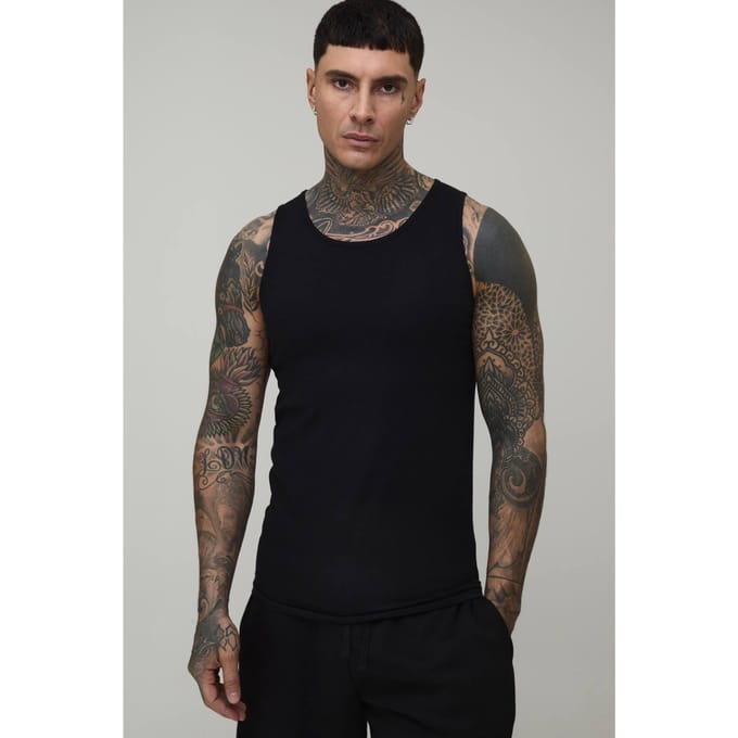 Tall Essential Regular Fit Ribbed Vest | Black | Size Medium