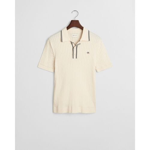 Gant Ribbed Cotton Short Sleeve Polo Cream / male