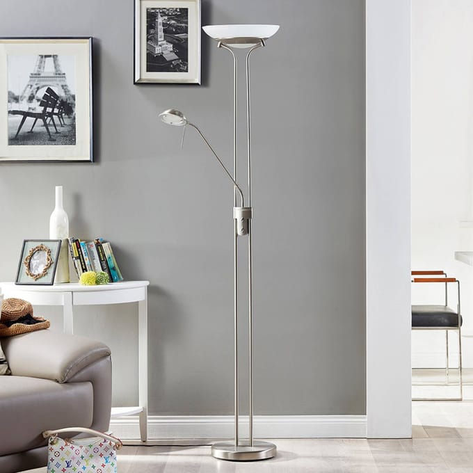 Lindby LED vloerlamp Yveta, nikkelkleurig, leeslamp, dimbaar