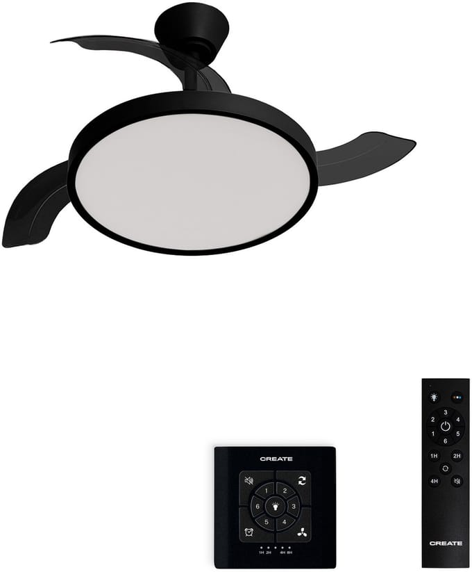 CREATE - Plafondventilator 40W stil met intrekbare bladen met licht - Ø91cm - Zwart - Controller voor wandmontage + afstandsbediening - WIND CLEAR STUDIO