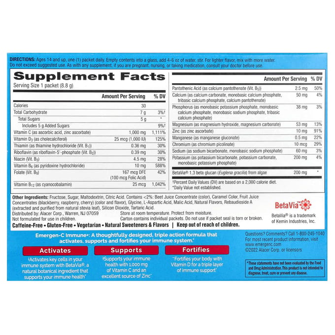 Emergen-C, Immune+ Vitamine C + Vitamine D et Zinc, Framboise, 30 sachets, 8,8 g (0,31 oz) chaque