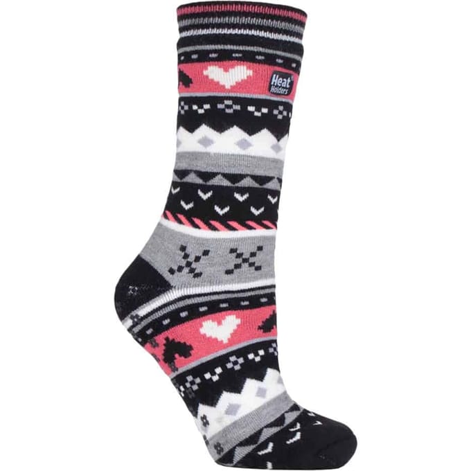 Heat Holders - Dames Fairisle Slipper Sokken - Zwart / Koraal