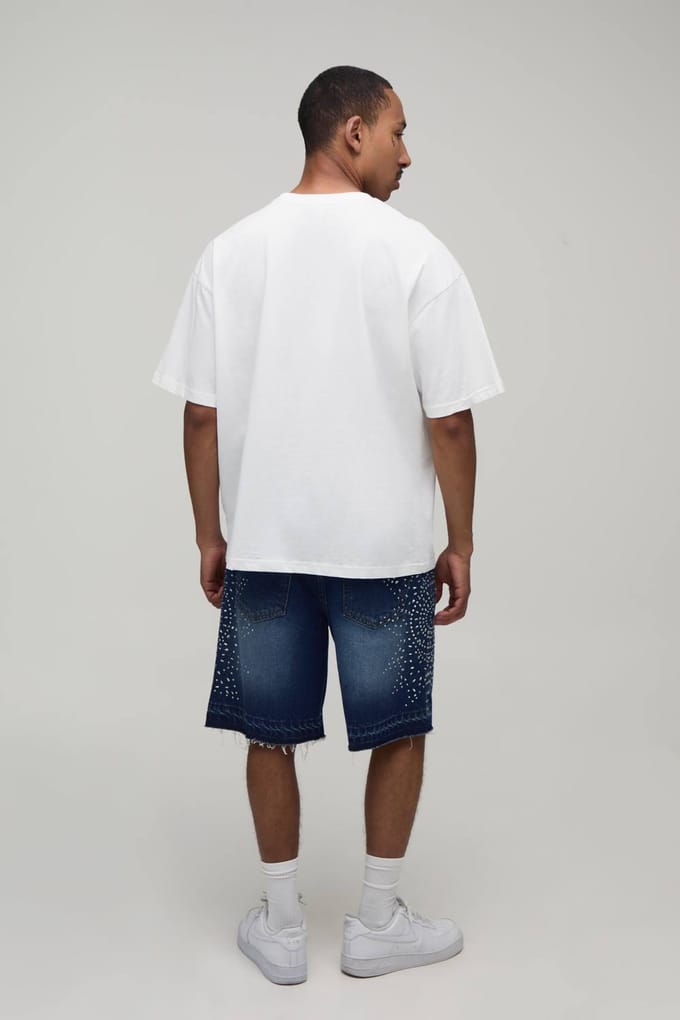 Relaxed Denim Shorts Met Strassteentjes En Ruwe Zoom | Mid Wash | Size 36