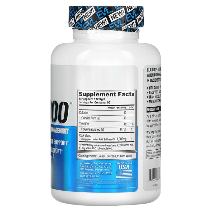 EVLution Nutrition, CLA1000, Stimulansvrij Gewichtsbeheer, 90 Softgels