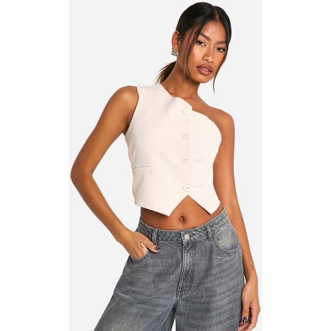 boohoo Dames Geweven Een-Schouder Getailleerd Vest | Light Stone | Maat: Small