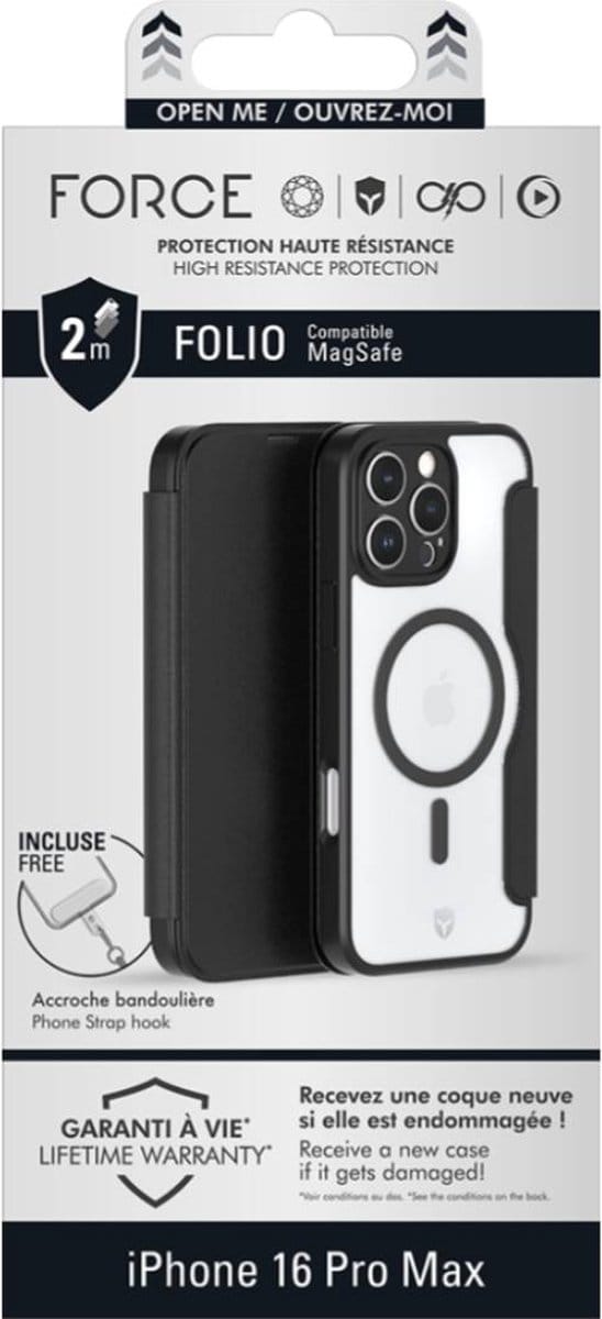 Force Case, Hoesje geschikt voor iPhone 16 Pro Max - MagSafe Versterkt Folio, Zwart
