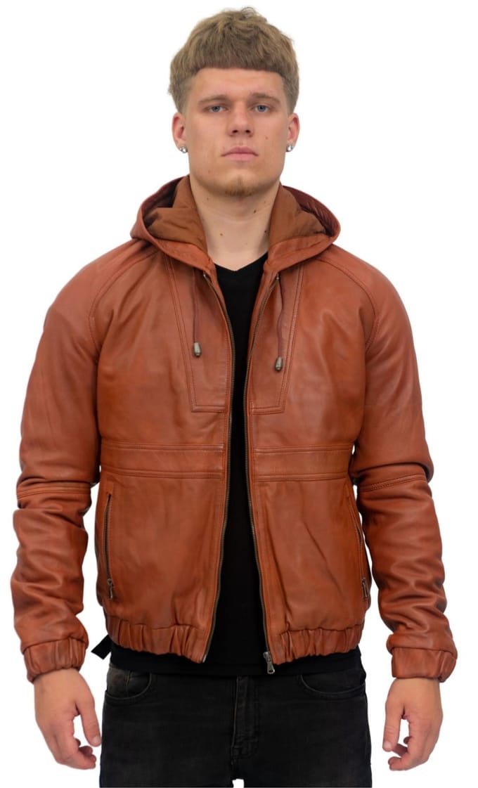 Casual leren herenbomberjack met capuchon-Odesa
