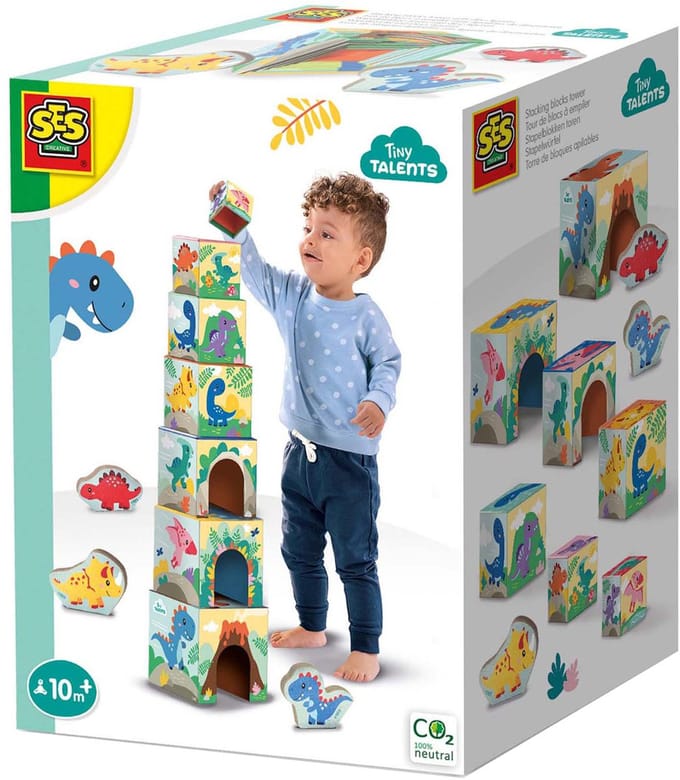 SES Creative – Tiny Talents – Stapelblokken – Sensorisch – Dinosaurus speelgoed – Baby speelgoed – Stimuleert zintuigen – Lichtgewicht