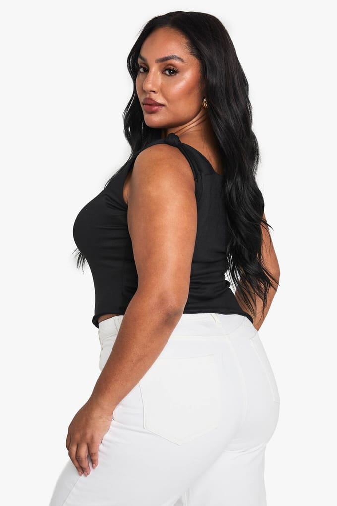 boohoo Dames Plus Knoop Schouder Asymmetrische Top | Zwart | Maat: 54