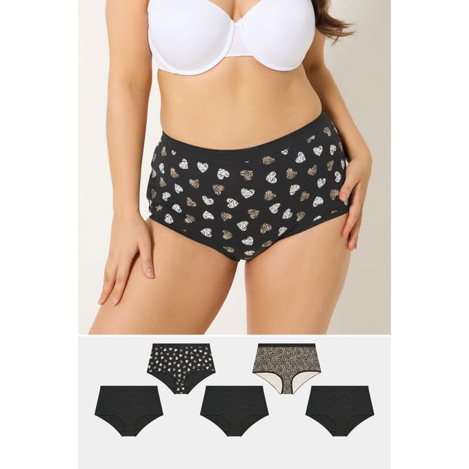 Yours 5Pack Plus Size Zwarte Hoge Taille Slips Met Dierenhart Size 46-48