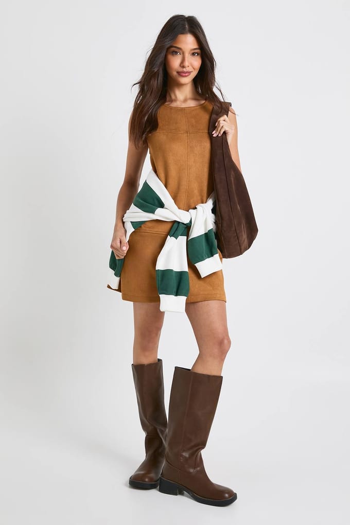 boohoo Dames Nepsuede shiftjurk met panelen | Tan | Maat: 8