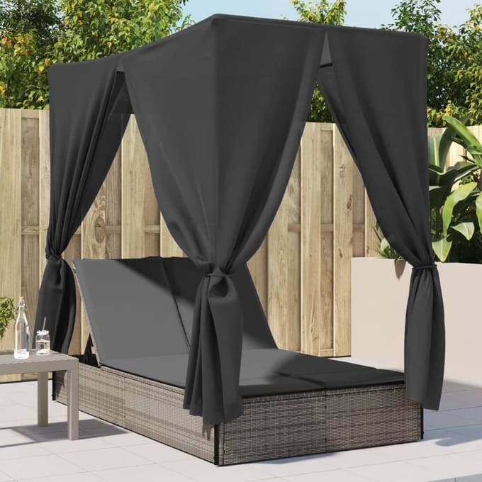 vidaXL - Ligbed - tweepersoons - met - dak - en - gordijn - poly - rattan - grijs