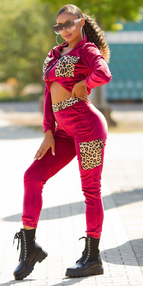 Huispak Dames - Joggingspak Dames - Luipaard Rood - Halina - Maat L/XL