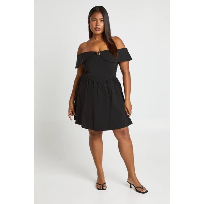 boohoo Dames Plus Gouden Rand Bardot Skater | Zwart | Maat: 56