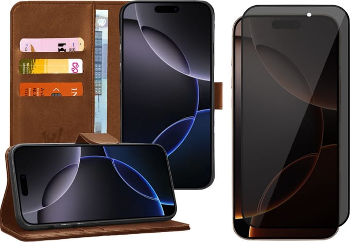 Hoesje geschikt voor iPhone 16 Plus - Privacy Screenprotector Volledig Dekkend Glas - Portemonnee Book Case Bruin