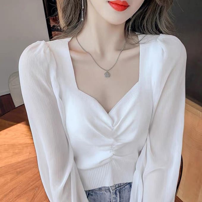 Mesh Chiffon Slim Fit Wit Onderlaag T-shirt Ontwerp Temperament Top Dameskleding one size wit
