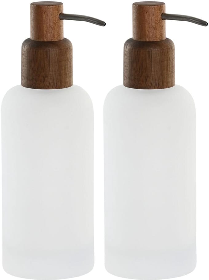 Atmosphera Zeeppompje/dispenser - 2x - wit / bruin - acacia hout - mat glas - 8 x 21 cm