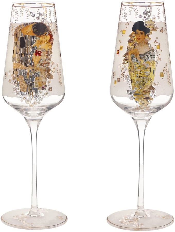 Goebel - Gustav Klimt | Champagne glas Adele & De Kus set 2 stuks | Glas - 23cm - met echt goud - 100ml