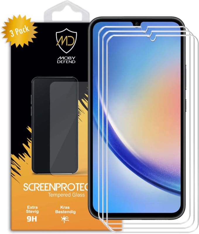 3-Pack MobyDefend Screenprotectors - Geschikt voor Samsung Galaxy A34 - Case-Friendly Screensavers - Gehard Glas