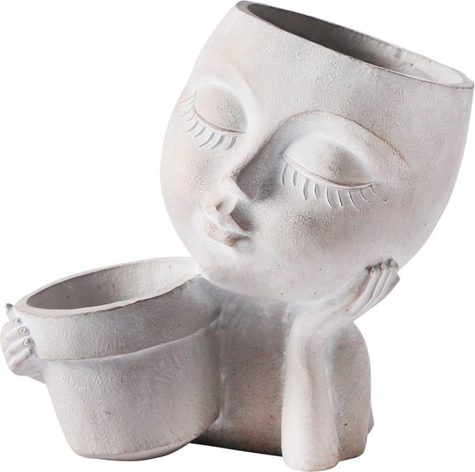 Dekoratief | Vrouwenhoofd m/bloempot, grijs, cement, 17x10x16cm | A250015