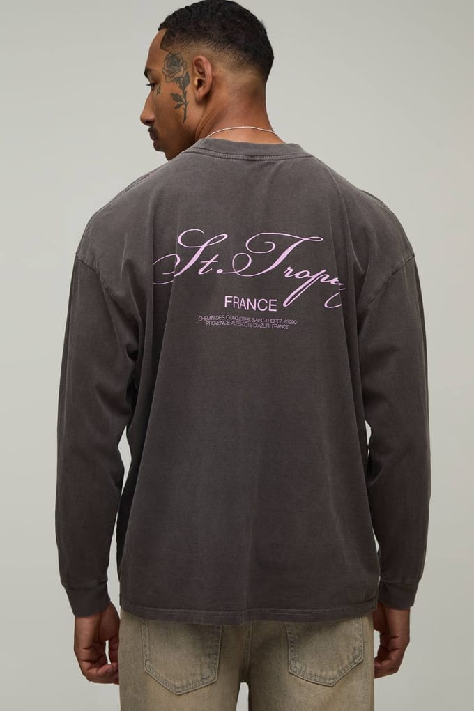 Oversized Gewassen Chocoladebruin St Tropez Print Longsleeve T-shirt | Washed Chocolate | Size Medium