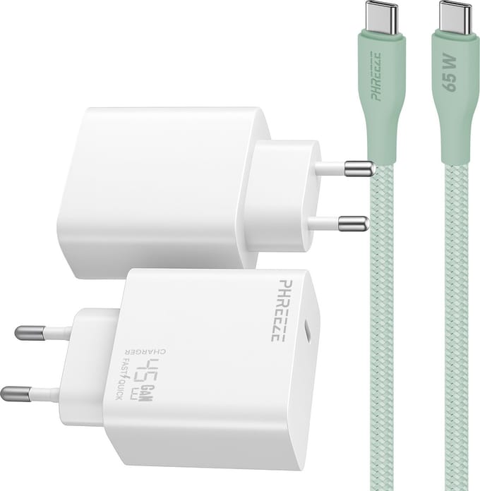 Phreeze usb C snellader 45 W met usb C naar usb C kabel 1 meter - Power Delivery oplader A56 Tab S9 en Laptop