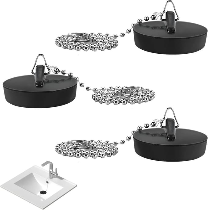 Afvoerstop Set - Waterpluggen Bad - Water Vasthouden - Met Treklus - 3 Stuks - Zwart