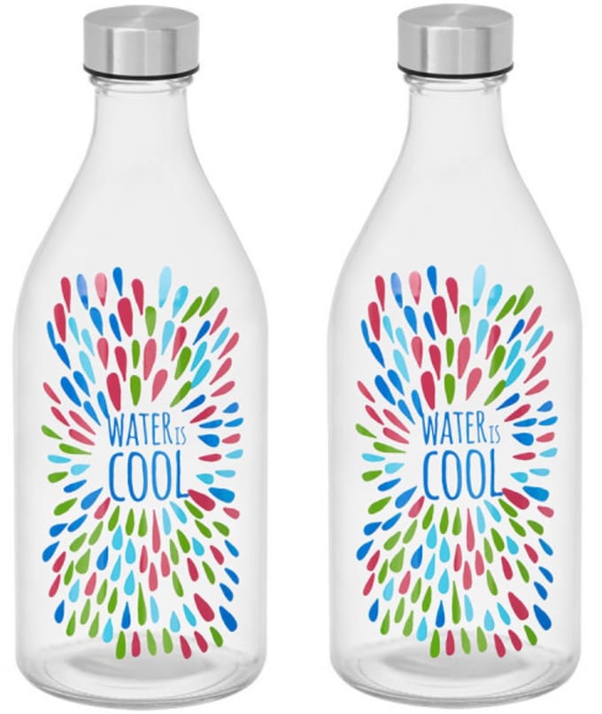Vivalto Waterfles / drinkfles Summer - 2x - glas - transparant - met RVS dop - 1000 ml