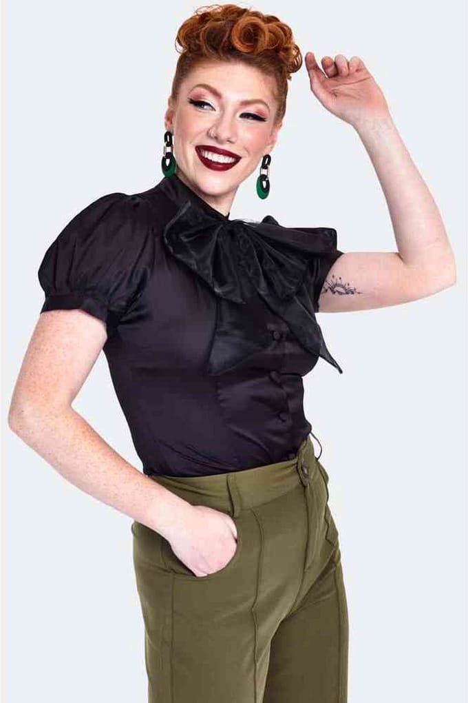 Voodoo Vixen - Organza Bow Satin Blouse - M - Zwart