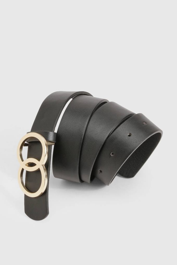 boohoo Dames Double Gold Ring Detail Boyfriend-riem | Zwart | Maat: Medium/Large